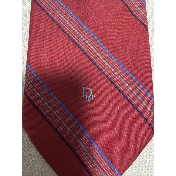 Vintage Christian Dior Tie Mens One Size Red Stripe Monsieur Logo Made USA 90s - Picture 3 of 9